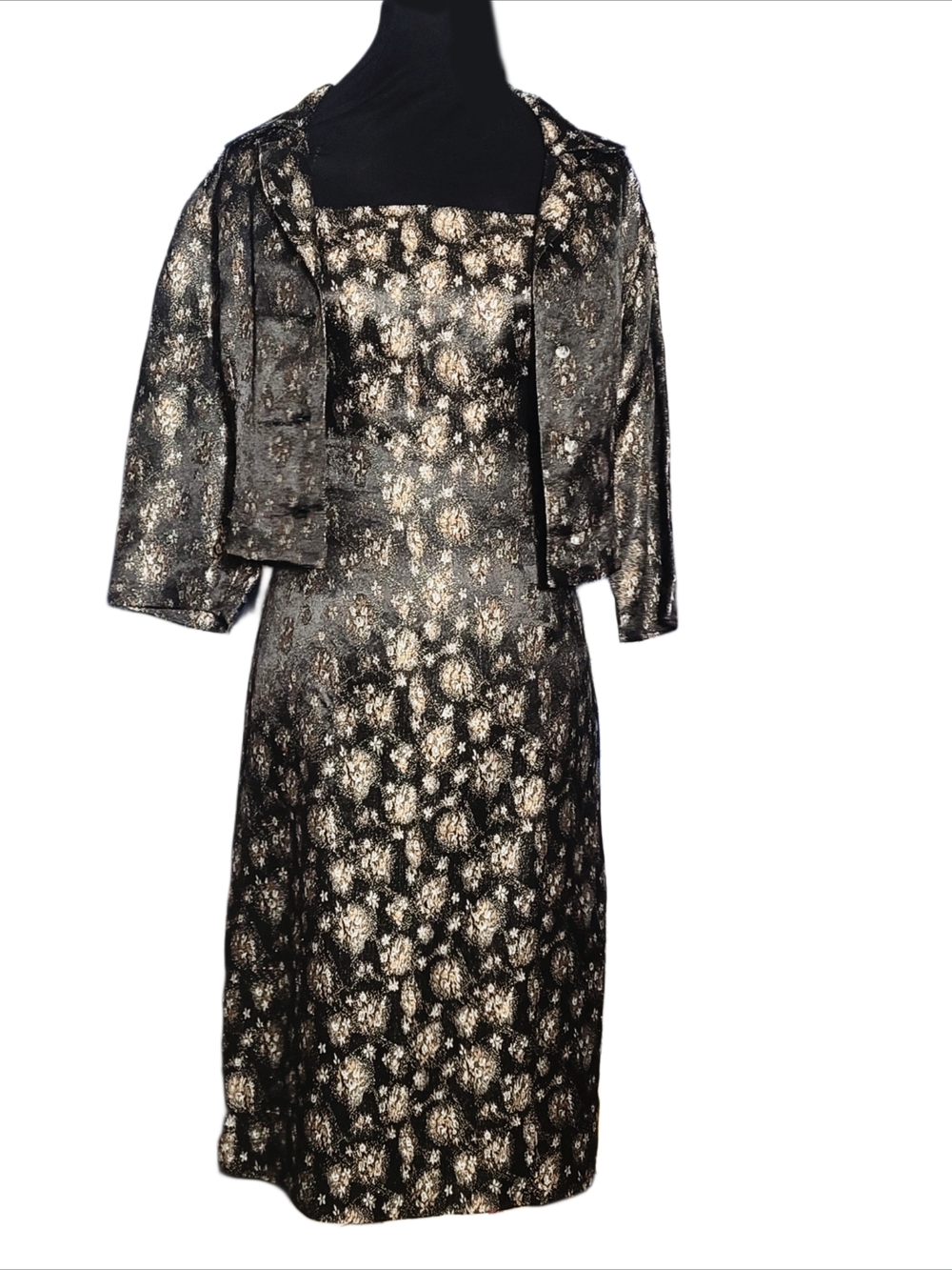 Vintage Black and Gold Metallic Floral Two-Piece Midi Dress Set - Picture 2 of 11